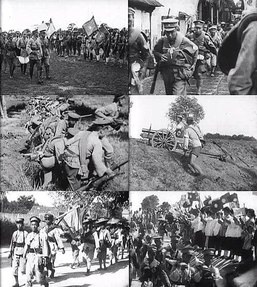 Scenes from the Northern Expedition (1926–1928): National Revolutionary Army troops muster, advance, and are welcomed by local populations as they sweep northward from Guangzhou toward the Yangtze valley.